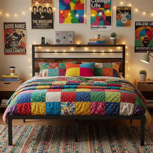 English Elm 60.4X 84.7\ Queen Platform Bed Metal Frame Wooden Headboard with Charging Station Shelves B082P529498