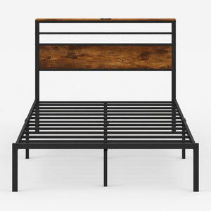 English Elm 60.4X 84.7\ Queen Platform Bed Metal Frame Wooden Headboard with Charging Station Shelves B082P529498
