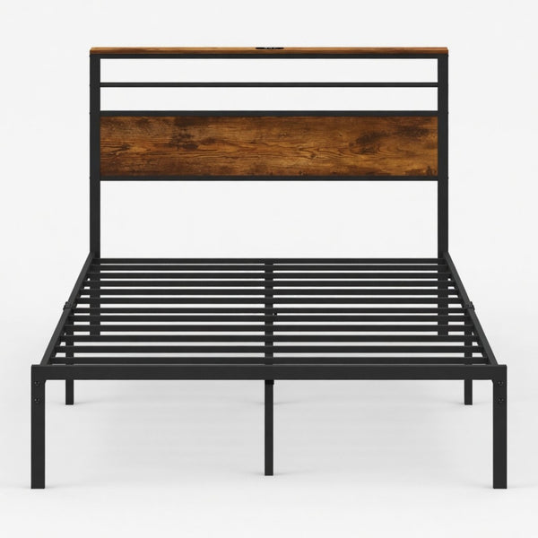 English Elm 60.4X 84.7\ Queen Platform Bed Metal Frame Wooden Headboard with Charging Station Shelves B082P529498
