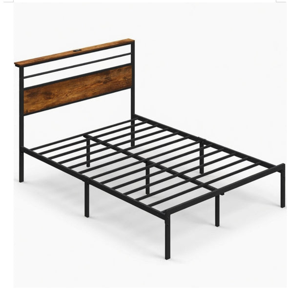 English Elm 60.4X 84.7\ Queen Platform Bed Metal Frame Wooden Headboard with Charging Station Shelves B082P529498