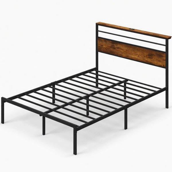 English Elm 60.4X 84.7\ Queen Platform Bed Metal Frame Wooden Headboard with Charging Station Shelves B082P529498
