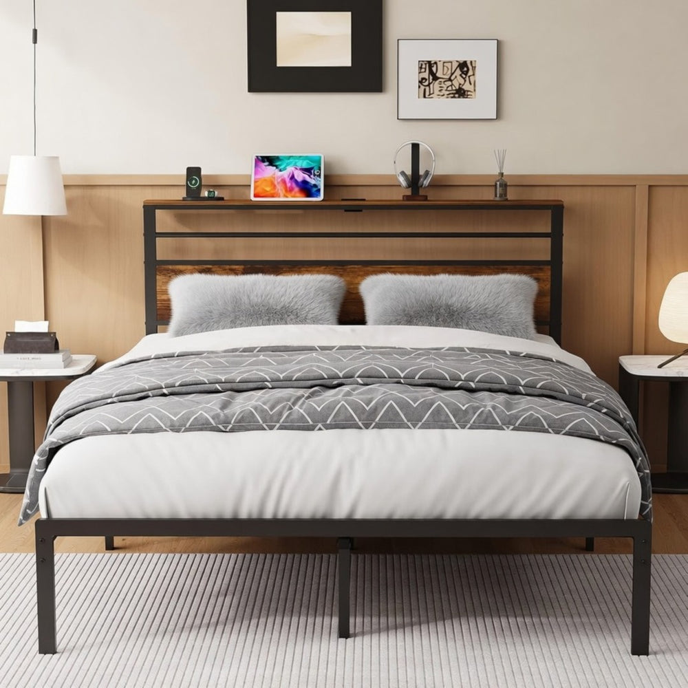 English Elm 60.4X 84.7\ Queen Platform Bed Metal Frame Wooden Headboard with Charging Station Shelves B082P529498