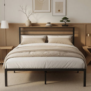 English Elm 60.4X 84.7\ Queen Platform Bed Metal Frame Wooden Headboard with Charging Station Shelves B082P529498