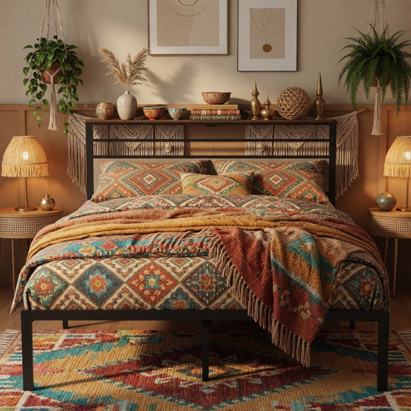 English Elm 60.4X 84.7\ Queen Platform Bed Metal Frame Wooden Headboard with Charging Station Shelves B082P529498