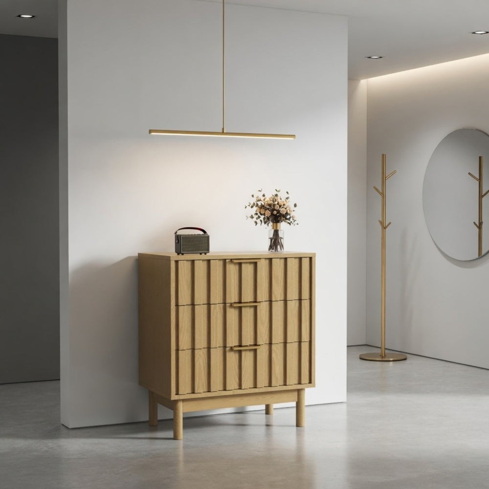 English Elm 23.6 Inch Fluted Natural Wood 3 Drawer Dresser with Gold Hardware for Compact Spaces B082P529499