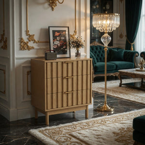 English Elm 23.6 Inch Fluted Natural Wood 3 Drawer Dresser with Gold Hardware for Compact Spaces B082P529499