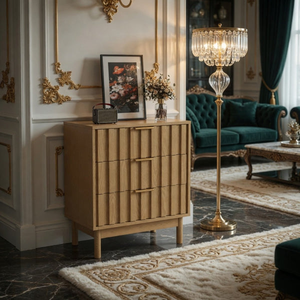 English Elm 23.6 Inch Fluted Natural Wood 3 Drawer Dresser with Gold Hardware for Compact Spaces B082P529499
