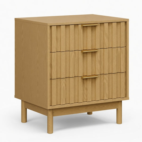 English Elm 23.6 Inch Fluted Natural Wood 3 Drawer Dresser with Gold Hardware for Compact Spaces B082P529499