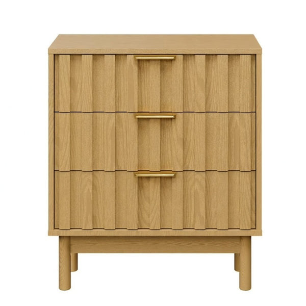 English Elm 23.6 Inch Fluted Natural Wood 3 Drawer Dresser with Gold Hardware for Compact Spaces B082P529499