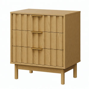 English Elm 23.6 Inch Fluted Natural Wood 3 Drawer Dresser with Gold Hardware for Compact Spaces B082P529499
