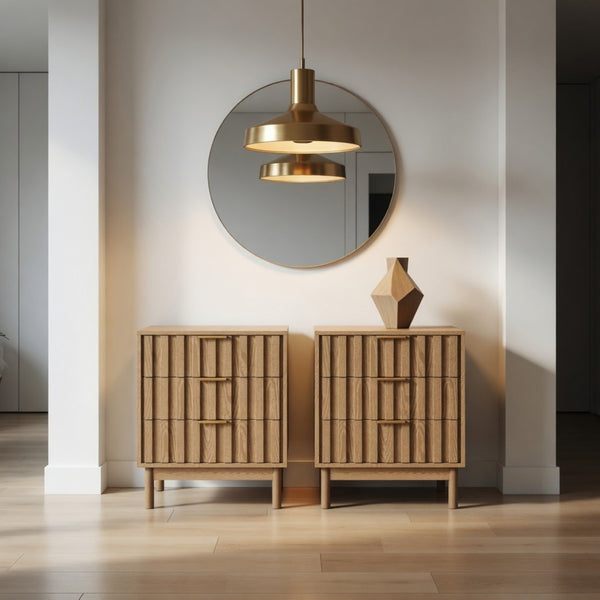 English Elm 23.6 Inch Fluted Natural Wood 3 Drawer Dresser with Gold Hardware for Compact Spaces B082P529499