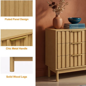 English Elm 23.6 Inch Fluted Natural Wood 3 Drawer Dresser with Gold Hardware for Compact Spaces B082P529499