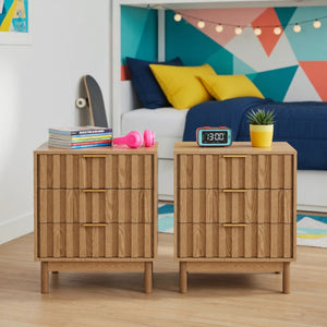 English Elm 23.6 Inch Fluted Natural Wood 3 Drawer Dresser with Gold Hardware for Compact Spaces B082P529499