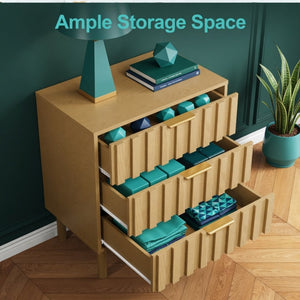 English Elm 23.6 Inch Fluted Natural Wood 3 Drawer Dresser with Gold Hardware for Compact Spaces B082P529499