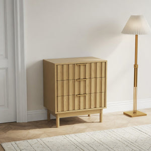 English Elm 23.6 Inch Fluted Natural Wood 3 Drawer Dresser with Gold Hardware for Compact Spaces B082P529499