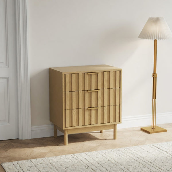 English Elm 23.6 Inch Fluted Natural Wood 3 Drawer Dresser with Gold Hardware for Compact Spaces B082P529499