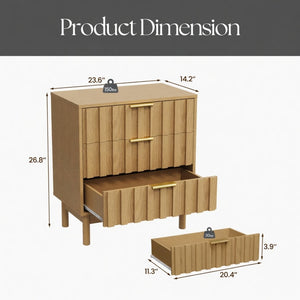 English Elm 23.6 Inch Fluted Natural Wood 3 Drawer Dresser with Gold Hardware for Compact Spaces B082P529499