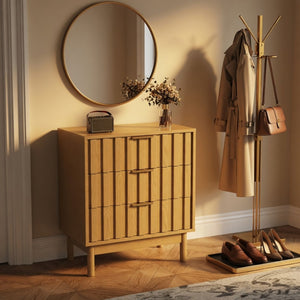 English Elm 23.6 Inch Fluted Natural Wood 3 Drawer Dresser with Gold Hardware for Compact Spaces B082P529499