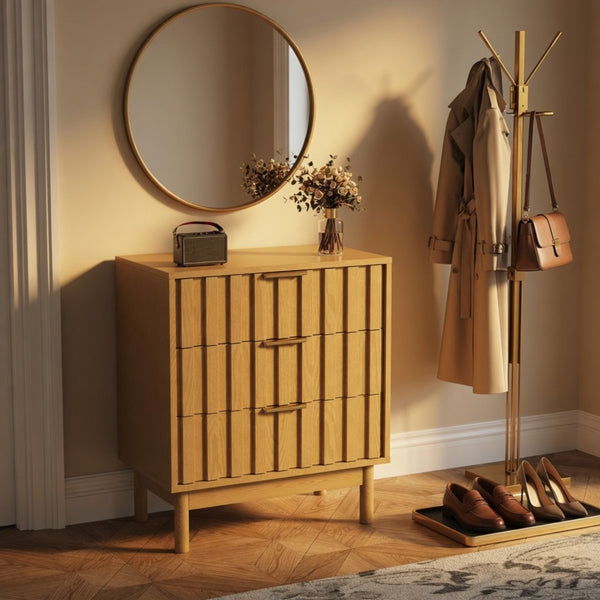 English Elm 23.6 Inch Fluted Natural Wood 3 Drawer Dresser with Gold Hardware for Compact Spaces B082P529499
