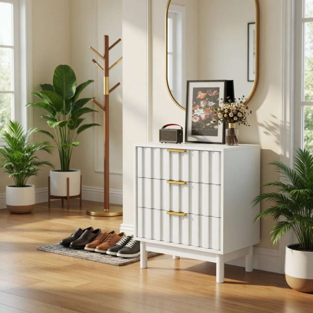 English Elm 23.6” 23.6" Fluted White 3 Drawer Compact Dresser with Gold Handles for Bedroom Storage B082P529500