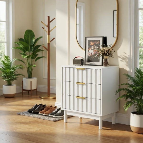 English Elm 23.6” 23.6" Fluted White 3 Drawer Compact Dresser with Gold Handles for Bedroom Storage B082P529500