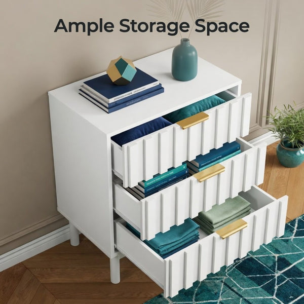 English Elm 23.6” 23.6" Fluted White 3 Drawer Compact Dresser with Gold Handles for Bedroom Storage B082P529500