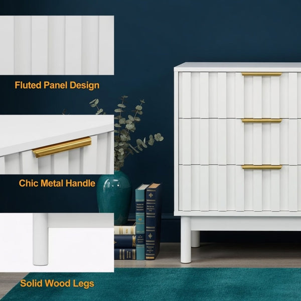 English Elm 23.6” 23.6" Fluted White 3 Drawer Compact Dresser with Gold Handles for Bedroom Storage B082P529500