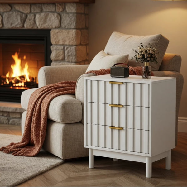 English Elm 23.6” 23.6" Fluted White 3 Drawer Compact Dresser with Gold Handles for Bedroom Storage B082P529500