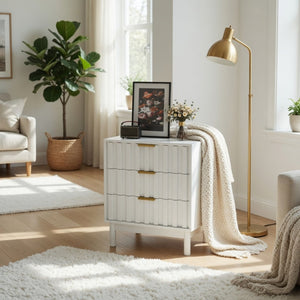English Elm 23.6” 23.6" Fluted White 3 Drawer Compact Dresser with Gold Handles for Bedroom Storage B082P529500