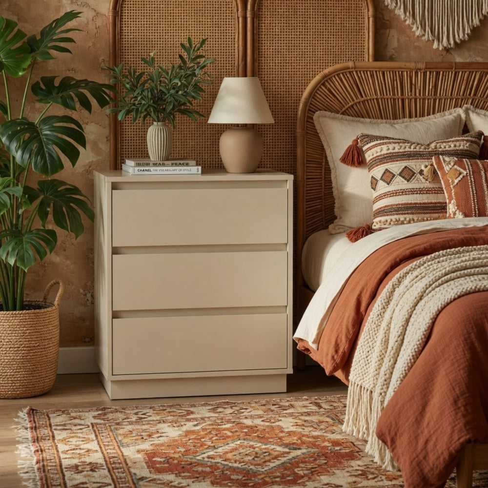 English Elm 23.6 Inch Wide Beige Matte Nightstand with Three Soft Close Drawers for Modern Bedroom B082P529502