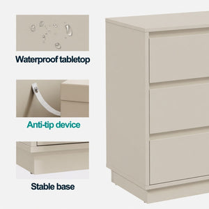 English Elm 23.6 Inch Wide Beige Matte Nightstand with Three Soft Close Drawers for Modern Bedroom B082P529502