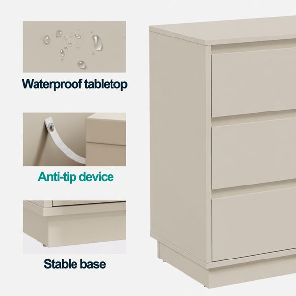 English Elm 23.6 Inch Wide Beige Matte Nightstand with Three Soft Close Drawers for Modern Bedroom B082P529502