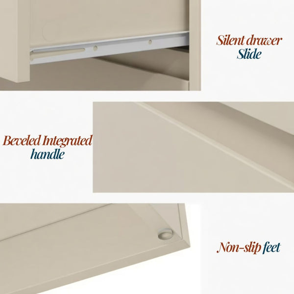 English Elm 23.6 Inch Wide Beige Matte Nightstand with Three Soft Close Drawers for Modern Bedroom B082P529502