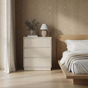 English Elm 23.6 Inch Wide Beige Matte Nightstand with Three Soft Close Drawers for Modern Bedroom B082P529502