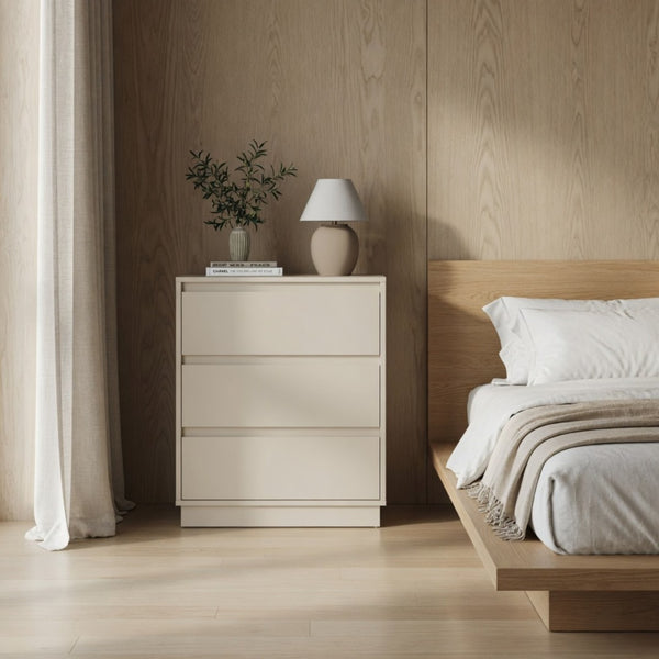 English Elm 23.6 Inch Wide Beige Matte Nightstand with Three Soft Close Drawers for Modern Bedroom B082P529502