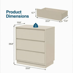 English Elm 23.6 Inch Wide Beige Matte Nightstand with Three Soft Close Drawers for Modern Bedroom B082P529502