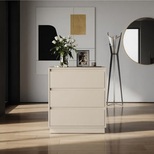 English Elm 23.6 Inch Wide Beige Matte Nightstand with Three Soft Close Drawers for Modern Bedroom B082P529502