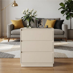 English Elm 23.6 Inch Wide Beige Matte Nightstand with Three Soft Close Drawers for Modern Bedroom B082P529502