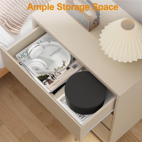 English Elm 23.6 Inch Wide Beige Matte Nightstand with Three Soft Close Drawers for Modern Bedroom B082P529502