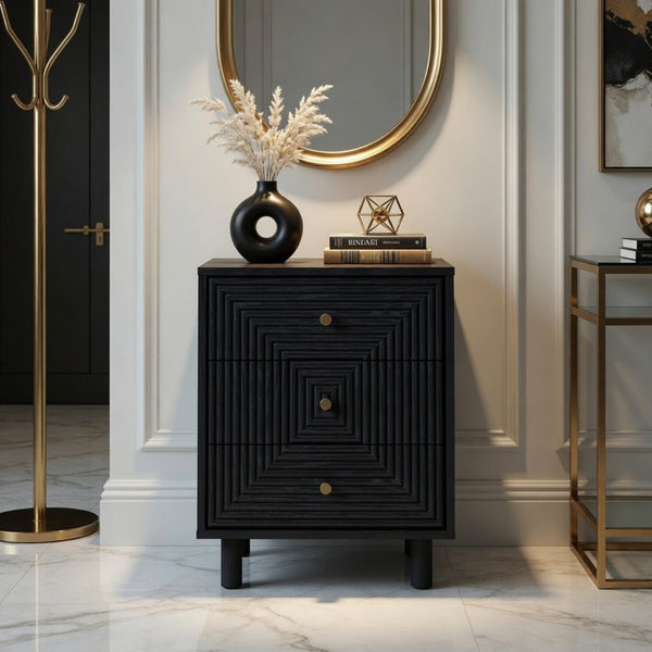 English Elm 18.7 Inch Matte Black Three Drawer Nightstand with Gold Knobs and Geometric Carved Fronts B082P529506