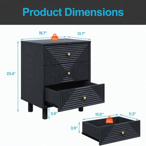 English Elm 18.7 Inch Matte Black Three Drawer Nightstand with Gold Knobs and Geometric Carved Fronts B082P529506