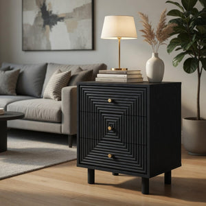 English Elm 18.7 Inch Matte Black Three Drawer Nightstand with Gold Knobs and Geometric Carved Fronts B082P529506