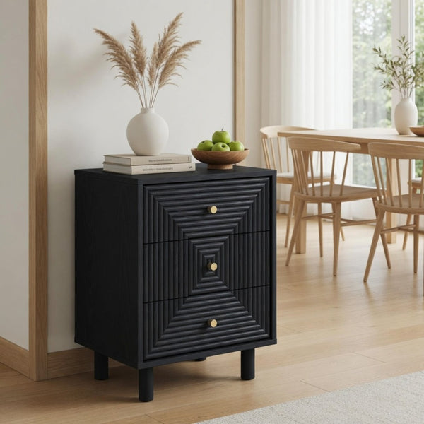 English Elm 18.7 Inch Matte Black Three Drawer Nightstand with Gold Knobs and Geometric Carved Fronts B082P529506
