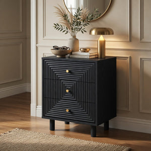 English Elm 18.7 Inch Matte Black Three Drawer Nightstand with Gold Knobs and Geometric Carved Fronts B082P529506
