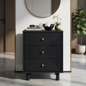 English Elm 18.7 Inch Matte Black Three Drawer Nightstand with Gold Knobs and Geometric Carved Fronts B082P529506