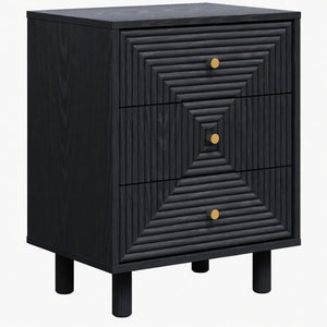 English Elm 18.7 Inch Matte Black Three Drawer Nightstand with Gold Knobs and Geometric Carved Fronts B082P529506