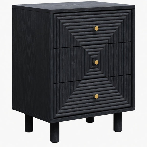English Elm 18.7 Inch Matte Black Three Drawer Nightstand with Gold Knobs and Geometric Carved Fronts B082P529506