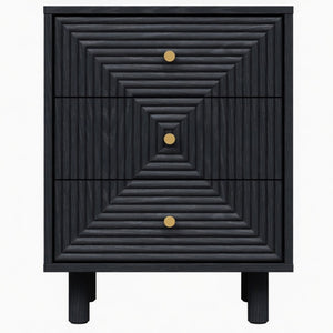 English Elm 18.7 Inch Matte Black Three Drawer Nightstand with Gold Knobs and Geometric Carved Fronts B082P529506