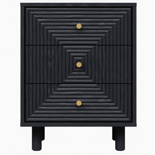 English Elm 18.7 Inch Matte Black Three Drawer Nightstand with Gold Knobs and Geometric Carved Fronts B082P529506
