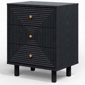 English Elm 18.7 Inch Matte Black Three Drawer Nightstand with Gold Knobs and Geometric Carved Fronts B082P529506